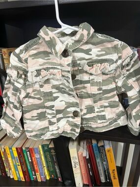 Mud Pie Pink & Green Camo Ruffle Jean Jacket